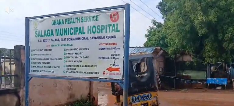 Signboard for Salaga Municipal Hospital under Ghana Health Service in Savannah Region, listing hospital address and available services