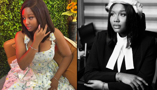 Two women seated side by side: left, a woman in a floral dress outdoors brushing her hair; right, a woman in a dark suit with a white necktie in black and white.