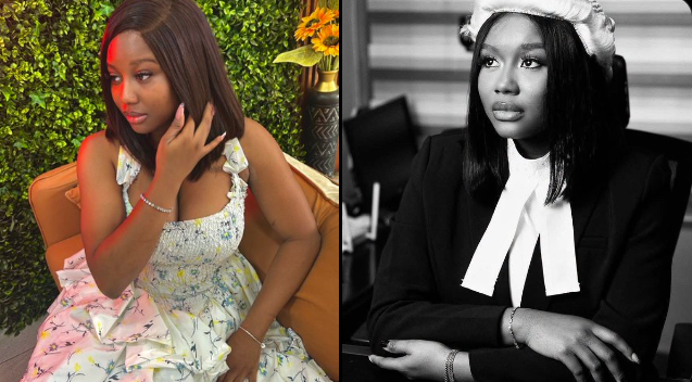 Two women seated side by side: left, a woman in a floral dress outdoors brushing her hair; right, a woman in a dark suit with a white necktie in black and white.