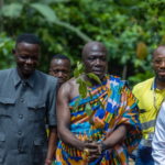 Group of men outdoors in a green, forested setting; central figure in colorful cloth holds a leafy branch as others look on.