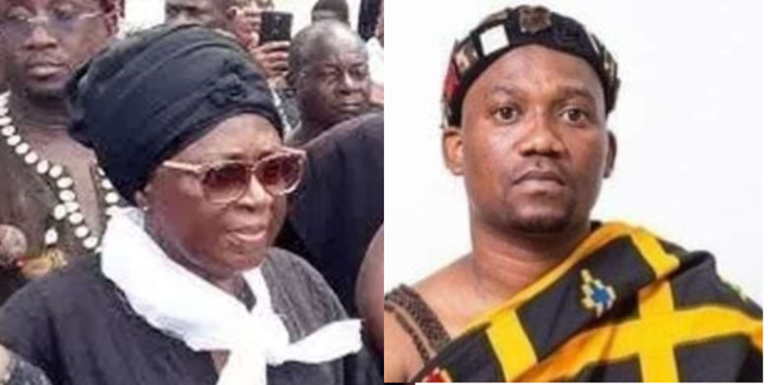 Collage of two people in traditional attire: a woman with a black headwrap, sunglasses, and white scarf on the left; a man wearing a patterned cloth and headband on the right.