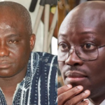 Side-by-side portraits of two men: left man in a striped shirt with a neutral expression; right man wearing glasses and a suit, resting his chin on his hand.