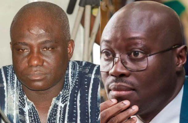 Side-by-side portraits of two men: left man in a striped shirt with a neutral expression; right man wearing glasses and a suit, resting his chin on his hand.
