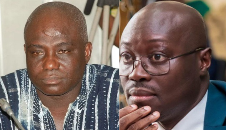 Side-by-side portraits of two men: left man in a striped shirt with a neutral expression; right man wearing glasses and a suit, resting his chin on his hand.