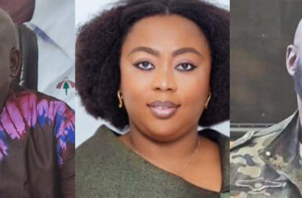 Three individuals shown side by side: a man in colorful traditional attire (left), a woman with short curly hair (middle), and a bearded man in a camo jacket (right).
