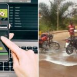 Left panel shows a person placing a live sports bet on a smartphone while a laptop keyboard is visible; right panel shows men with motorcycles in an outdoor area with a muddy puddle nearby.
