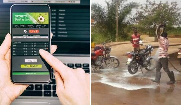 Left panel shows a person placing a live sports bet on a smartphone while a laptop keyboard is visible; right panel shows men with motorcycles in an outdoor area with a muddy puddle nearby.