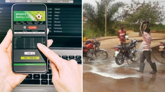 Left panel shows a person placing a live sports bet on a smartphone while a laptop keyboard is visible; right panel shows men with motorcycles in an outdoor area with a muddy puddle nearby.
