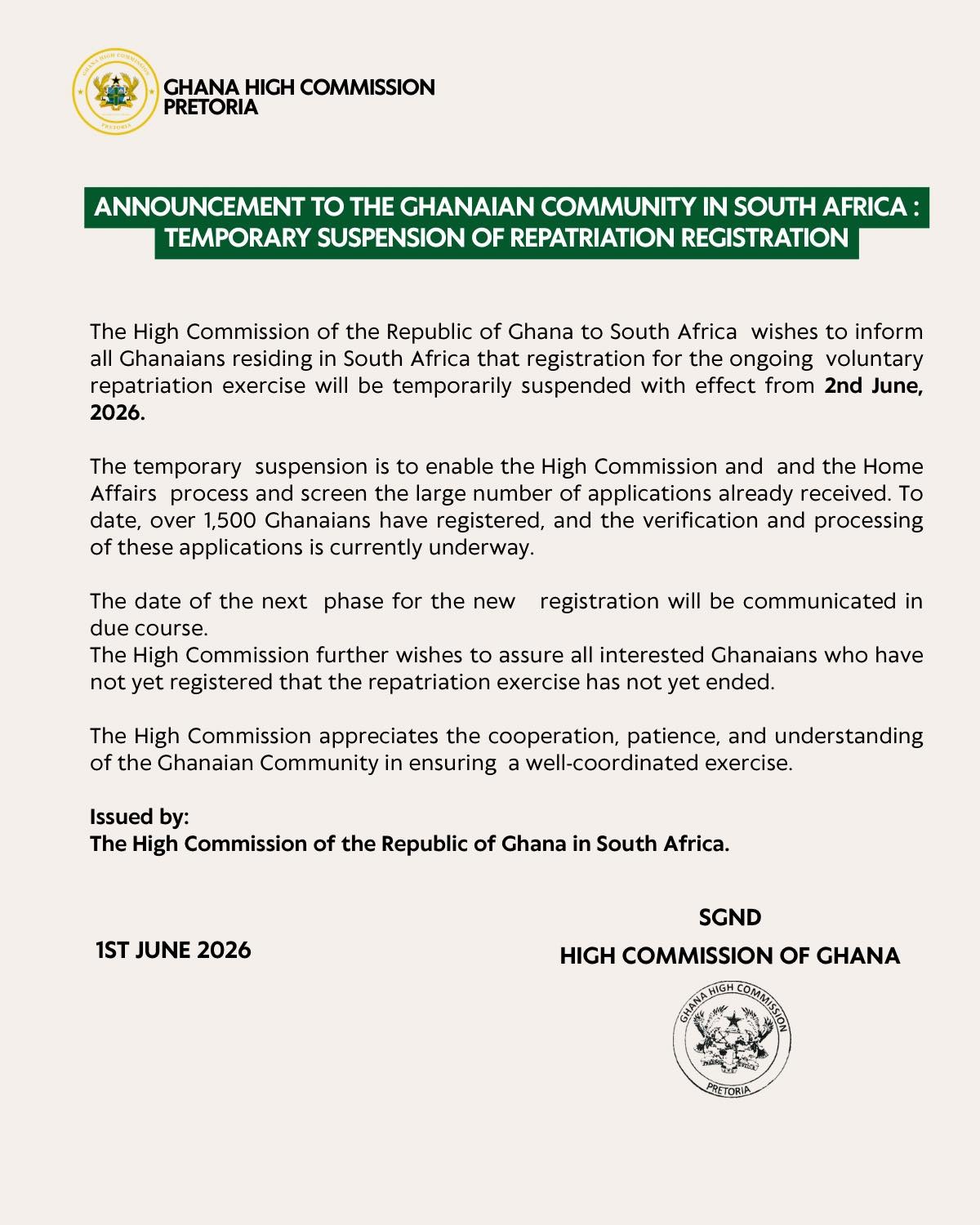 Official announcement from the Ghana High Commission in Pretoria about the temporary suspension of repatriation registration for Ghanaians in South Africa, dated 1 June 2026.