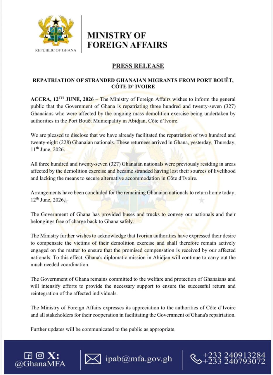 WhatsApp-Image-2026-06-12-at-093257 | Ghanaguardian.com Ghana MFA press release header announcing repatriation of stranded Ghanaian migrants from Port Bouet, Côte d’Ivoire, dated June 12, 2026 (crest and title visible).