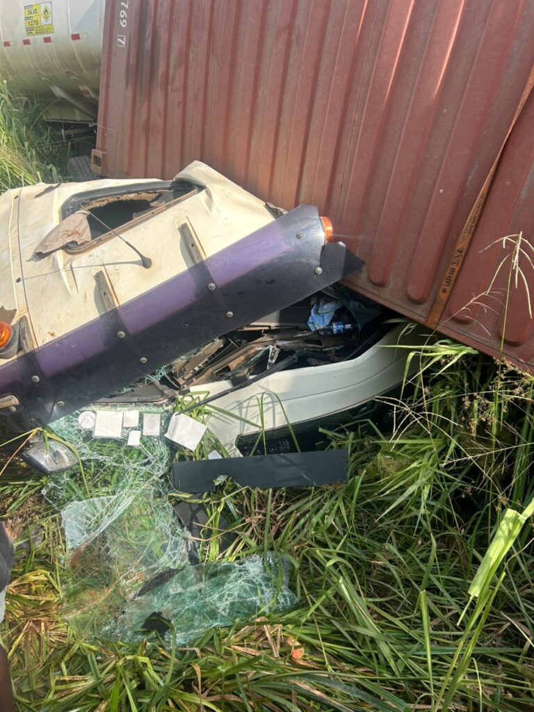WhatsApp-Image-2026-06-13-at-221459-2-768x1024 | Ghanaguardian.com Car severely damaged beneath a red shipping container, with shattered windshield and scattered debris in tall grass