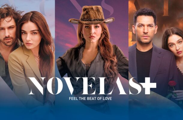 Promotional poster for Novelas+ featuring three couples: left pair, center woman in a cowboy hat, right pair, with subtitle 'Feel the Beat of Love'.