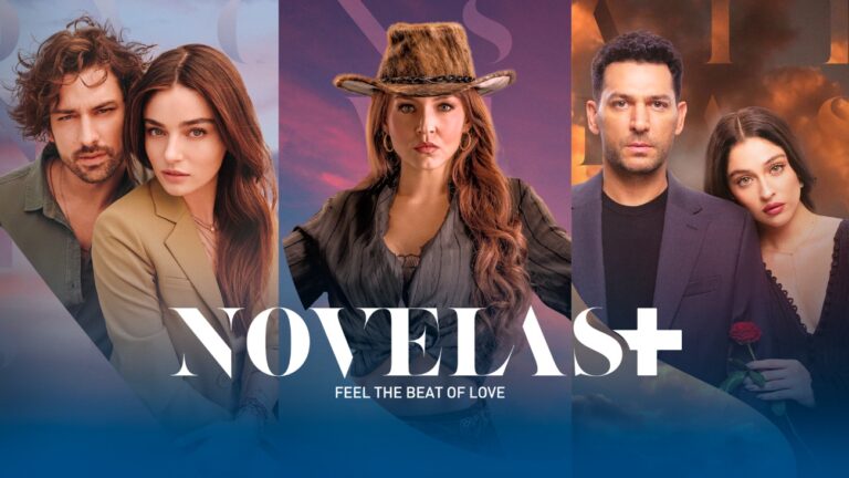Promotional poster for Novelas+ featuring three couples: left pair, center woman in a cowboy hat, right pair, with subtitle 'Feel the Beat of Love'.