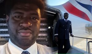 Two airline crew members in uniform near a plane: a close-up of one man in a cockpit backdrop and another in uniform on the jet stairs by a red, white, and blue tail.
