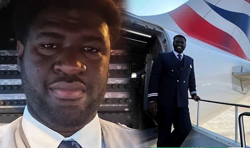 Two airline crew members in uniform near a plane: a close-up of one man in a cockpit backdrop and another in uniform on the jet stairs by a red, white, and blue tail.