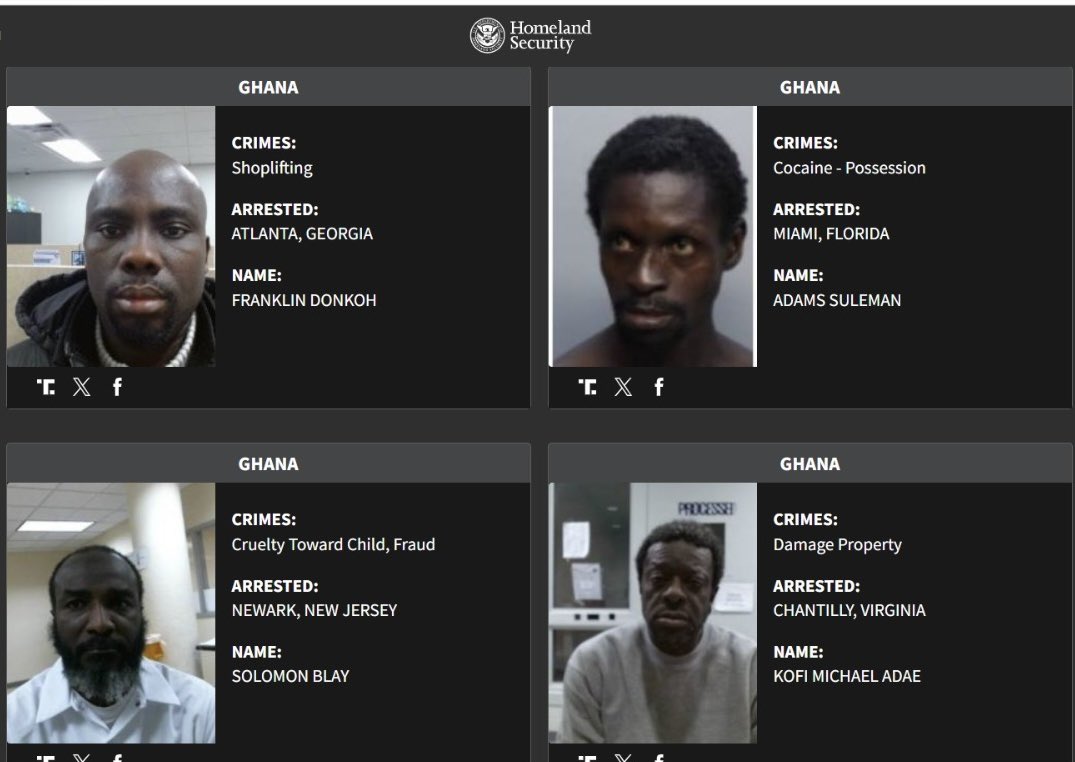 Grid of four mugshots labeled Ghana, each with crime, arrest location, and name: Franklin Donkoh (shoplifting, Atlanta, GA); Adams Suleman (cocaine possession, Miami, FL); Solomon Blay (cruelty toward child, fraud, Newark, NJ); Kofi Michael Adae (damage property, Chantilly, VA).