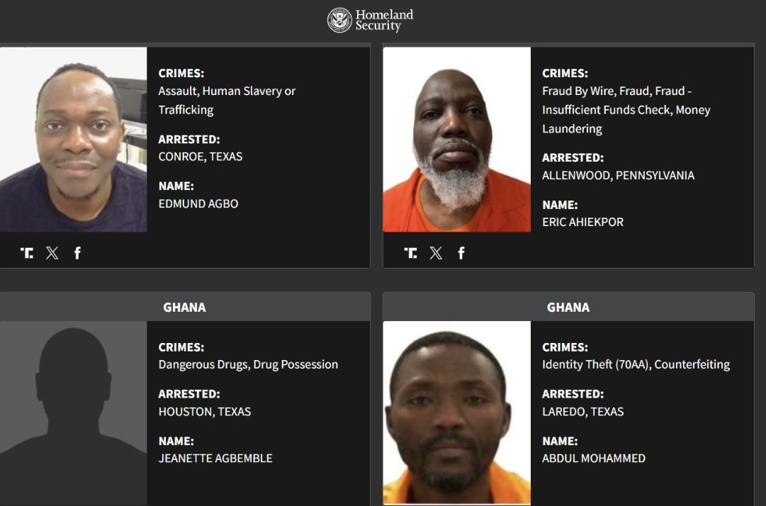 Mugshot grid of four suspects with crime details, arrest locations, and names.