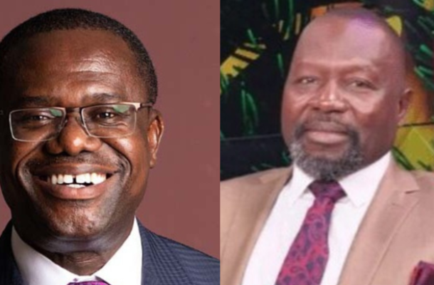 ag | Ghanaguardian.com Two men in business attire positioned side by side: left, a smiling man wearing glasses and a dark suit with a pink tie; right, a bearded man in a tan suit and maroon tie against a colorful backdrop.
