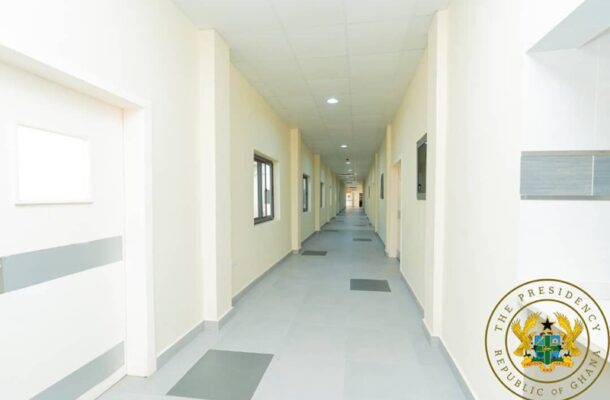 akufo-4 | Ghanaguardian.com Long, well-lit corridor in a modern building with doors and windows along both sides; crest of the Ghana Presidency visible in the bottom-right corner.