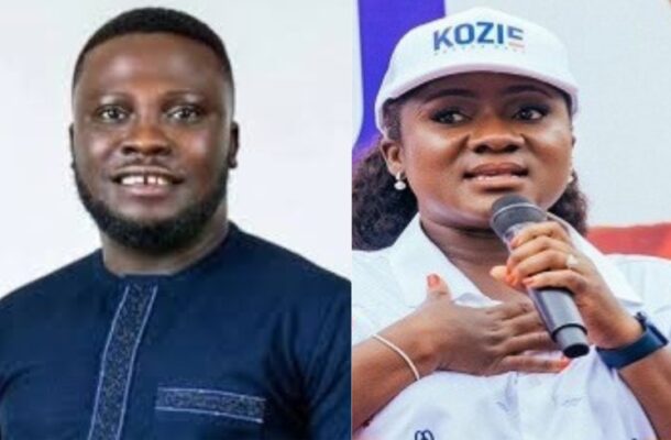 amoakohene | Ghanaguardian.com Split image: a smiling man in a dark blue traditional outfit on the left and a woman wearing a white KOZIE cap speaking into a microphone on the right.