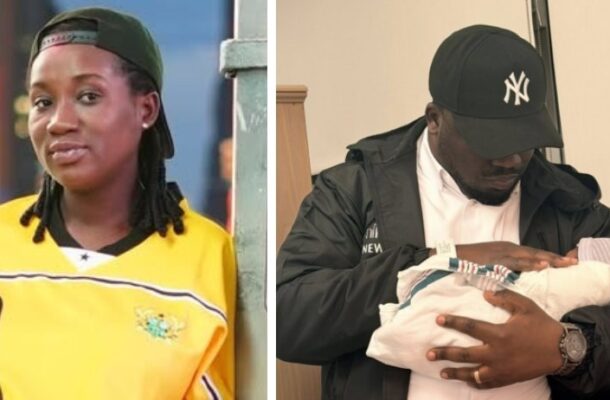 Left: woman in a bright yellow jersey with a backward cap, looking at the camera; right: man in a Yankees cap holding a swaddled newborn baby.
