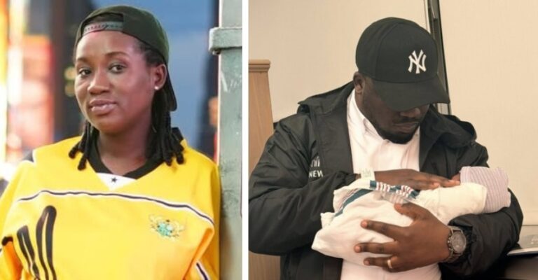 Left: woman in a bright yellow jersey with a backward cap, looking at the camera; right: man in a Yankees cap holding a swaddled newborn baby.