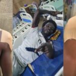 Triptych of an injured man with large bandages on his shoulders; first and third panels show bare, wrapped shoulders, center panel shows him in a hospital bed pointing at the camera.