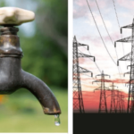 Left: dripping outdoor faucet; right: multiple high-voltage transmission towers at sunset against a pink sky.