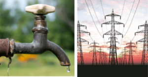 Left: dripping outdoor faucet; right: multiple high-voltage transmission towers at sunset against a pink sky.