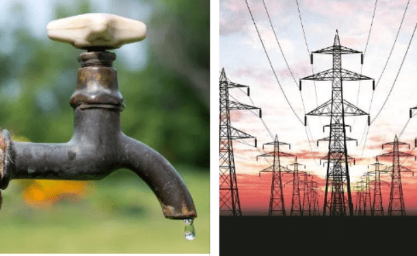 Left: dripping outdoor faucet; right: multiple high-voltage transmission towers at sunset against a pink sky.