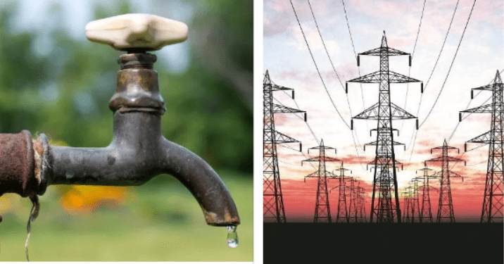 Left: dripping outdoor faucet; right: multiple high-voltage transmission towers at sunset against a pink sky.