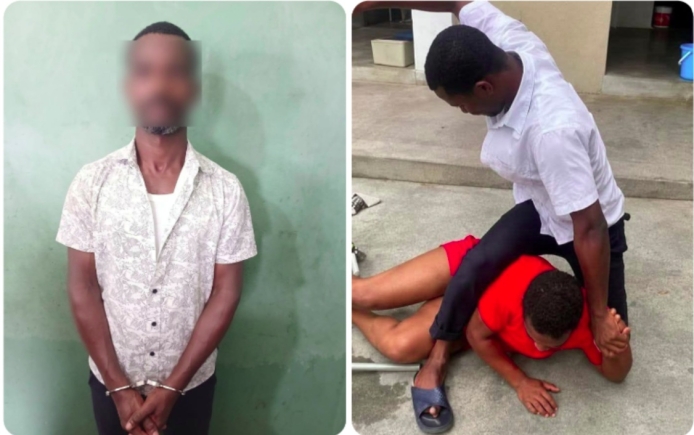 Two-panel image: left—man with hands cuffed against a green wall; right—man in white shirt restrains a man in red shirt outside a building.