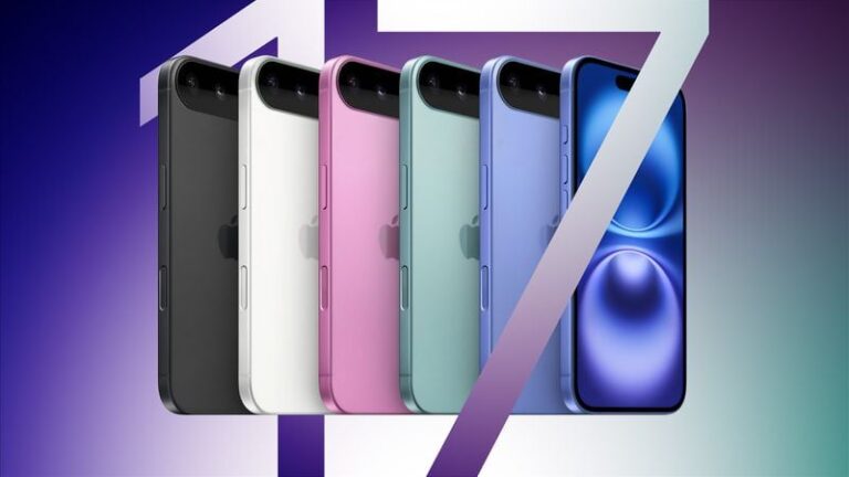 Lineup of iPhone 7 models in black, white, pink, mint, blue and purple with a large 7 in the background.
