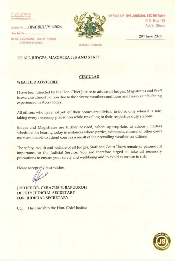 Official Ghana Judicial Service circular titled 'Weather Advisory' dated 29 June 2026, addressed to all judges, magistrates and staff, bearing the national coat of arms and seal.