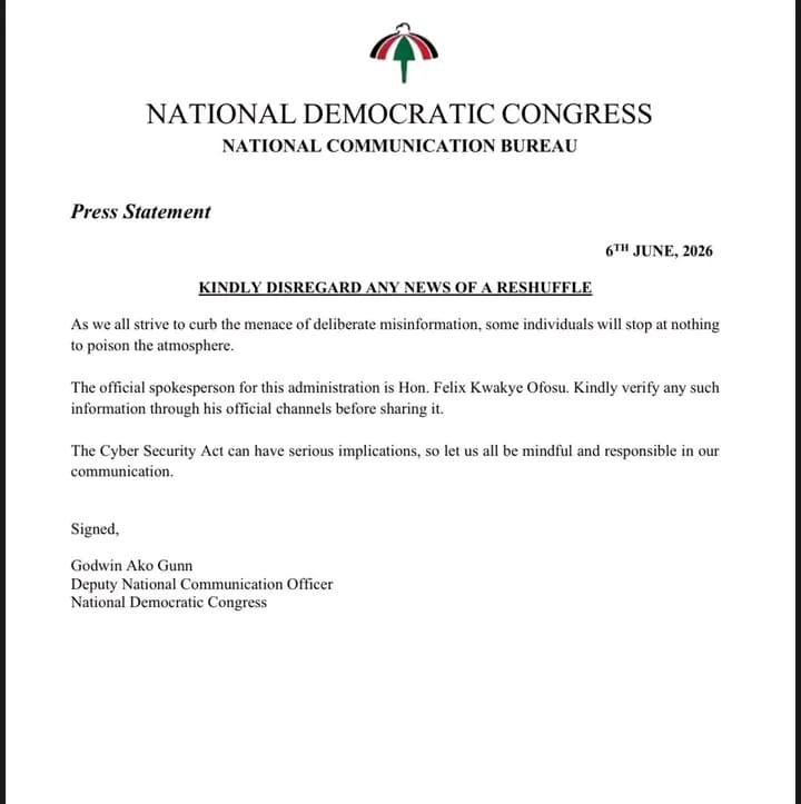 Formal press statement on NDC National Communication Bureau letterhead, dated 6th June 2026, urging to disregard reshuffle news