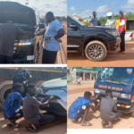 Roadside vehicle inspection collage: people examine the engine of a black SUV while an officer directs traffic and a blue bus is nearby.