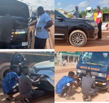 Roadside vehicle inspection collage: people examine the engine of a black SUV while an officer directs traffic and a blue bus is nearby.