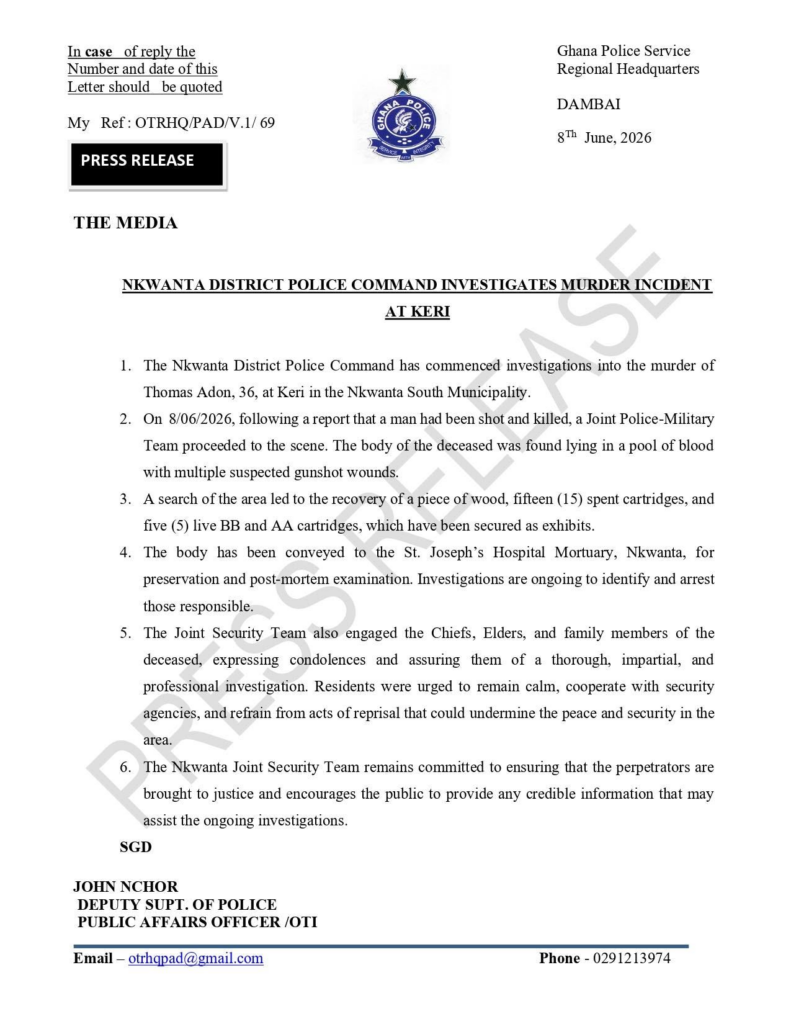 image-365 | Ghanaguardian.com Ghana Police Service press release document with crest, dated June 8, 2026, announcing murder investigation at Keri.