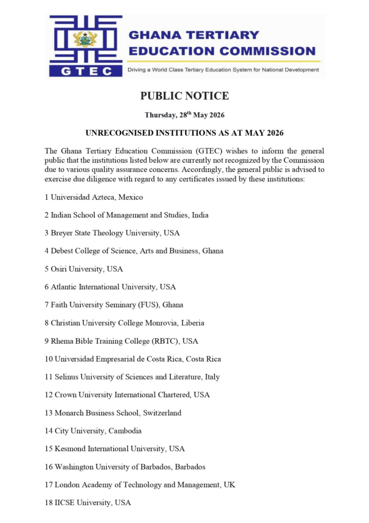 image-39 | Ghanaguardian.com GTEC public notice listing unrecognized institutions as of May 2026.