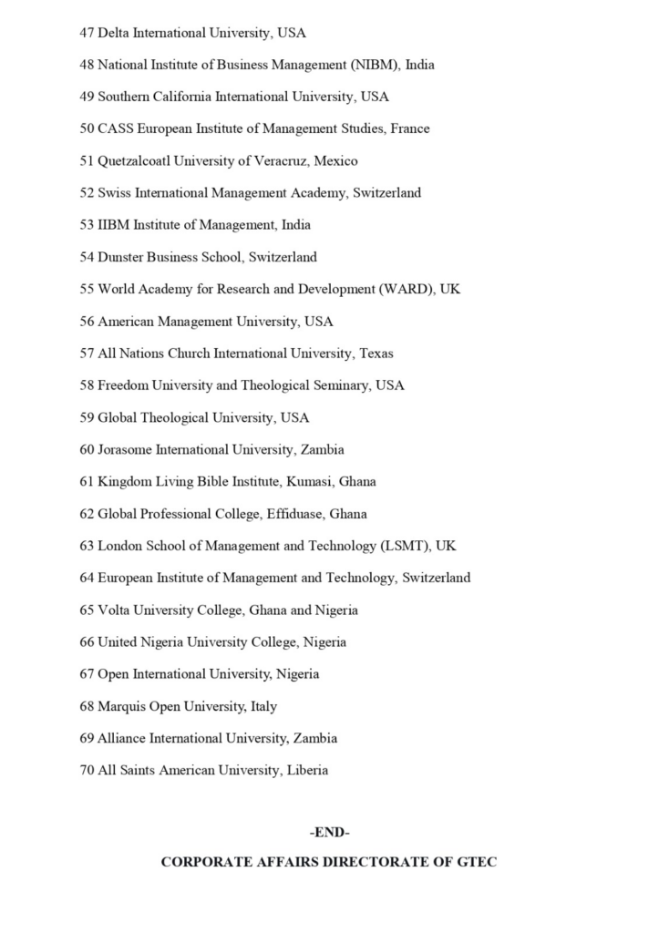 image-41-723x1024 | Ghanaguardian.com Vertical list of universities with numbers 47–70 (various international universities and countries), ending with -END- CORPORATE AFFAIRS DIRECTORATE OF GTEC.