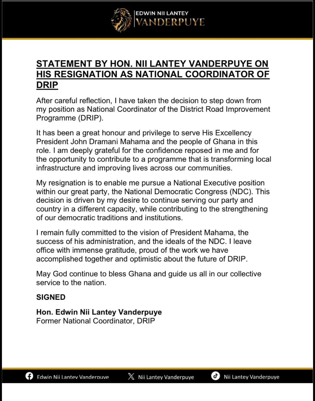 image-490 | Ghanaguardian.com Screen capture of a formal resignation statement by Hon. Edwin Nii Lante Vanderpuye, with a black header and gold accents and a typed signature block at the bottom.