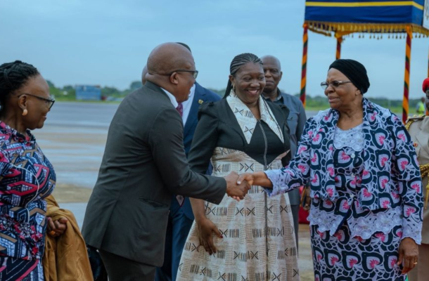 Group of formally dressed individuals on an airport tarmac shake hands, with a woman in a patterned dress smiling nearby and others watching the greeting under a blue-and-gold ceremonial canopy.