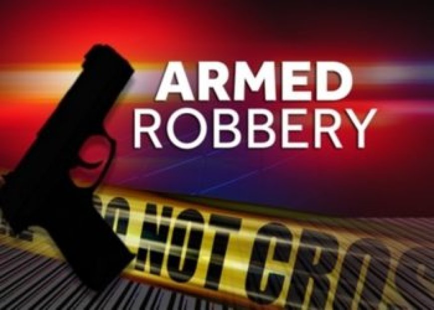 Silhouette of a handgun against a red background with 'Armed Robbery' text and yellow 'Do Not Cross' tape in the foreground.