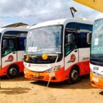 Row of white-and-orange Metro Mass Transit buses parked on a dusty lot, with people standing nearby at what appears to a launch event.