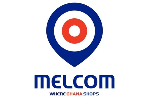 Melcom logo: blue location-pin mark with red inner circle and the text MELCOM below, plus the slogan 'WHERE GHANA SHOPS'