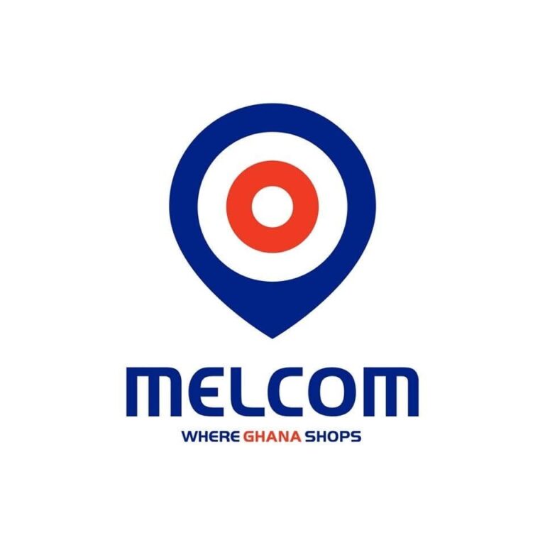 Melcom logo: blue location-pin mark with red inner circle and the text MELCOM below, plus the slogan 'WHERE GHANA SHOPS'