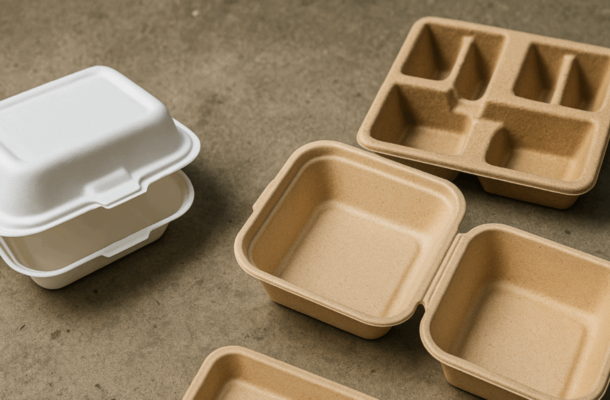 Stack of white disposable takeout containers next to brown compostable lunch boxes on a concrete surface.