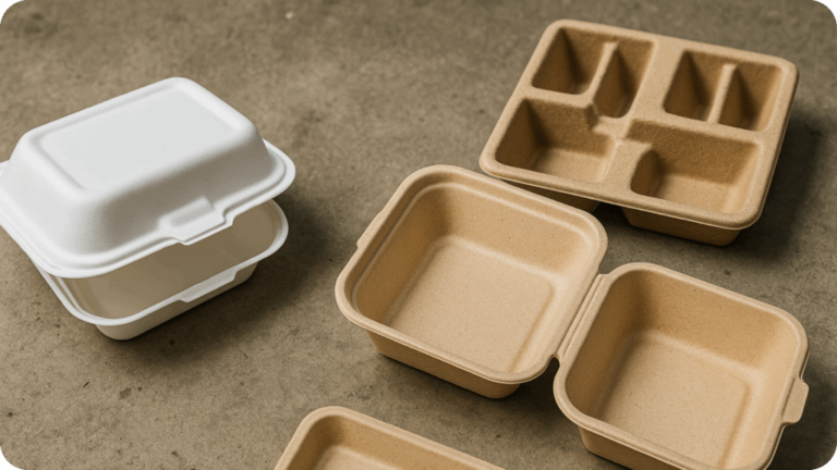 Stack of white disposable takeout containers next to brown compostable lunch boxes on a concrete surface.