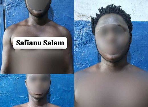 zebilla-murder | Ghanaguardian.com Collage of three shirtless men with blurred faces against a blue wall; left image shows a white label reading 'Safianu Salam' on the chest.
