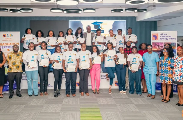 742511208_1433847338765642_3897679177721772684_n | Ghanaguardian.com Group of graduates and organizers on stage, holding certificates at a Female Engineers Academy graduation ceremony.
